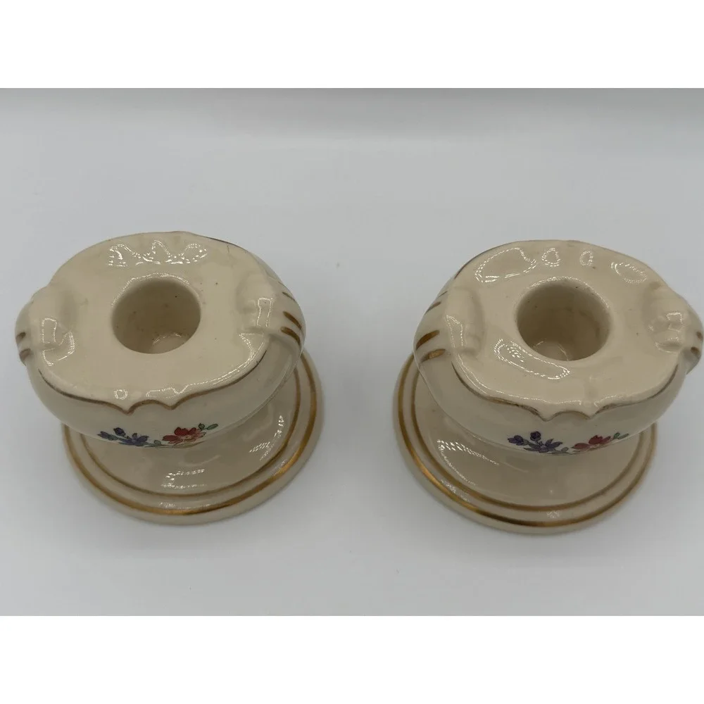 Set of 2 Vintage Princeton‎ China Cream Floral Gold Taper Candle Holders